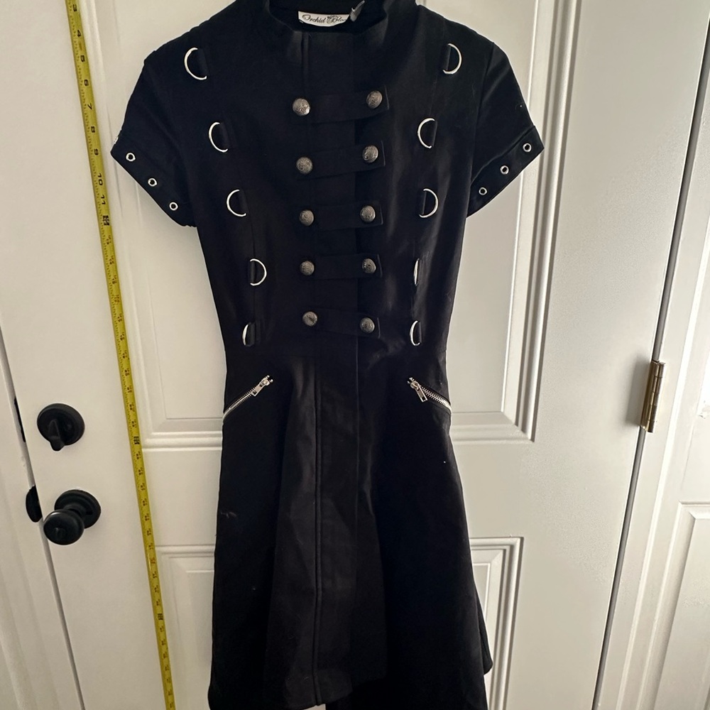 Orchid Bloom Punk/Goth Black Short Sleeve Military Style Dress - Picture 2 of 6